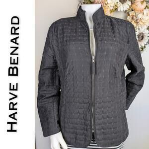 Harve Benard Vintage Black Quilted Zip Front Blazer Jacket Classic Size Large